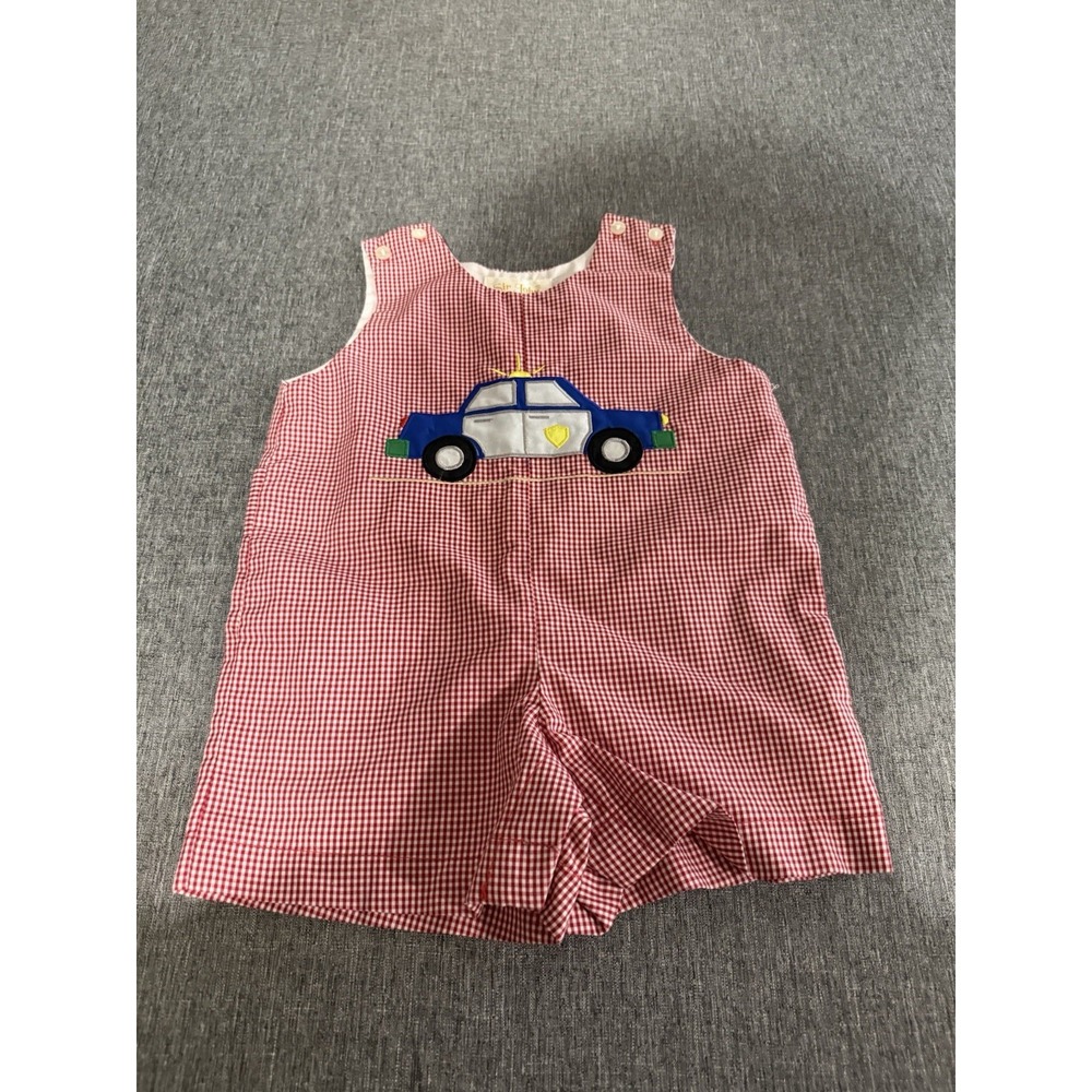 Sir John By Rosalina Baby Red Gingham Plaid Cotton Car Appliqué Romper Sz 12M